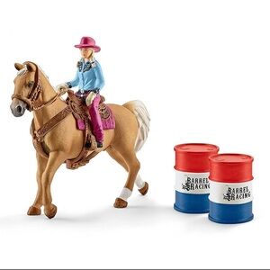 Schleich Farm World Barrel Racing Cowgirl Figure Horse Pink Hat Chaps Blonde Set